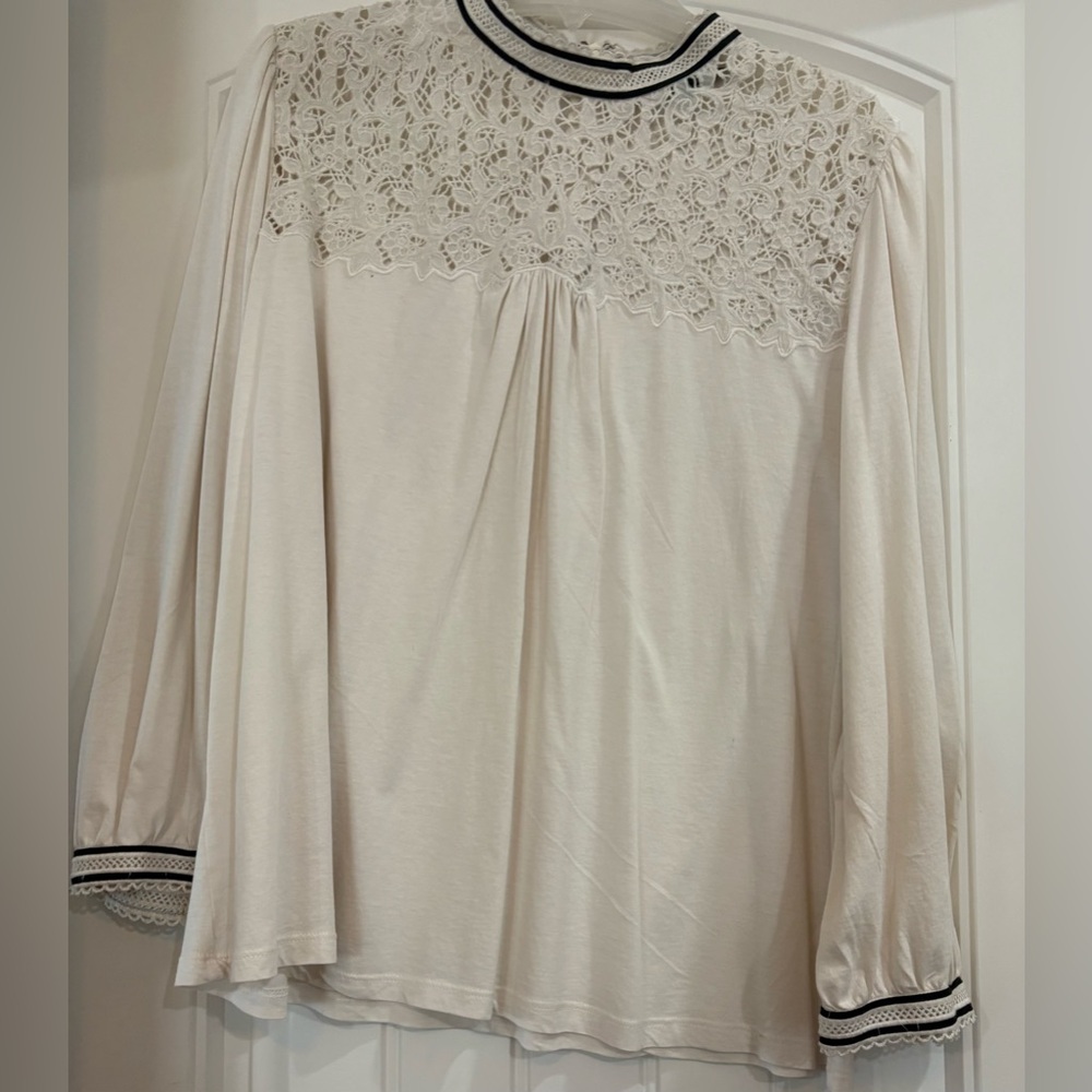 Lauren Ralph Lauren Cream Lace Blouse with Black Trim